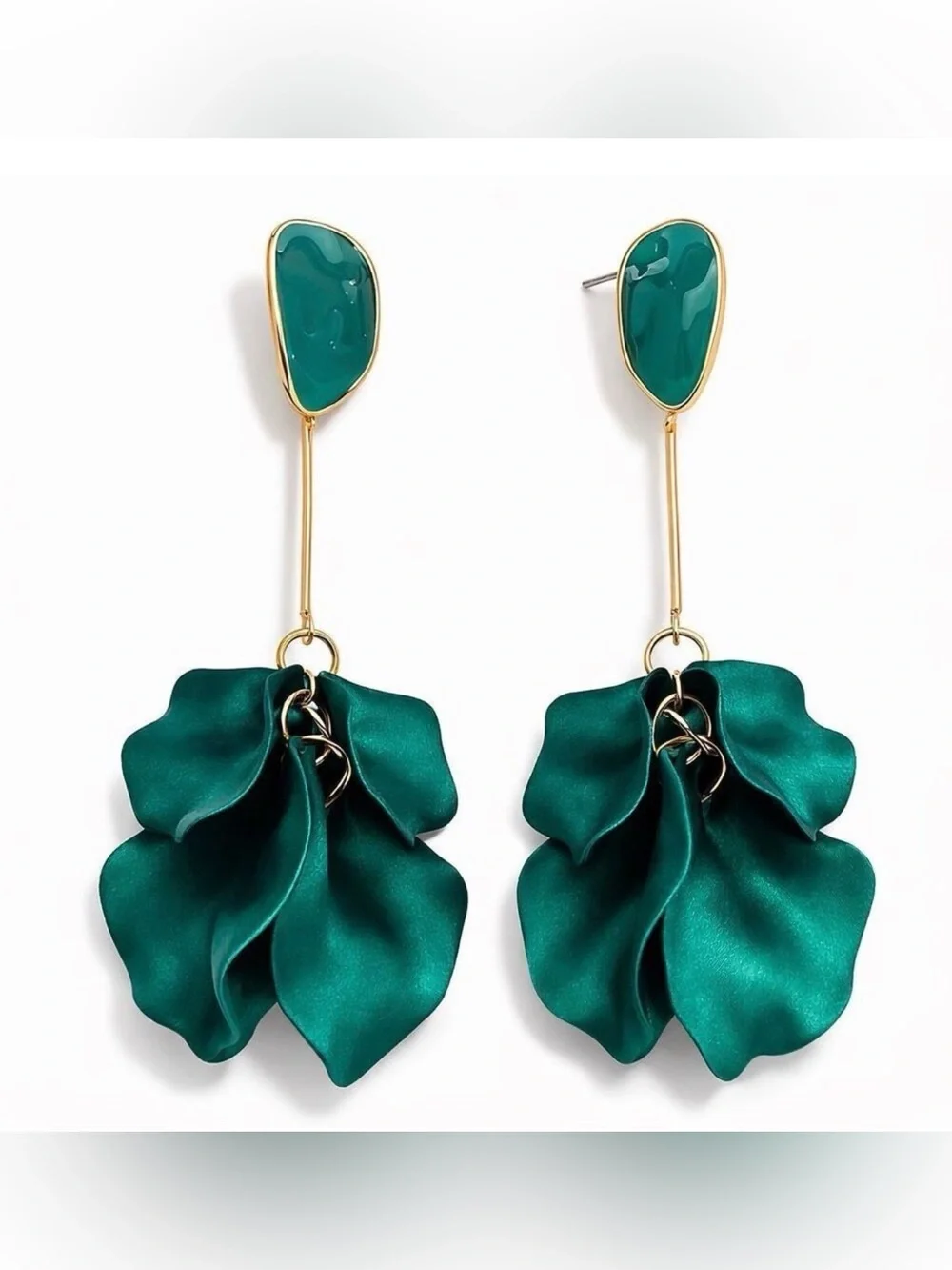 Zara Rare Statement Earrings Emerald Green Floral Satin Gold Tone NWOT